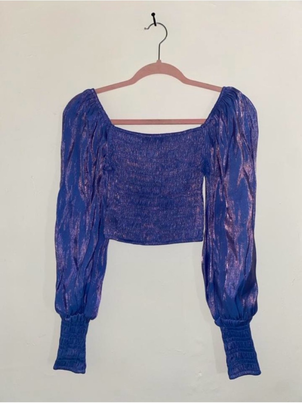 Shimmer Purple Puff-Sleeve Cropped Top